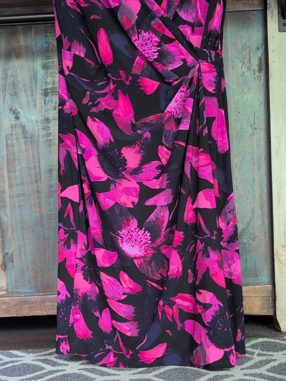American Living Pink Purple Black Floral Faux Wrap V-Neck Dress - Women's 12 - Picture 3 of 6